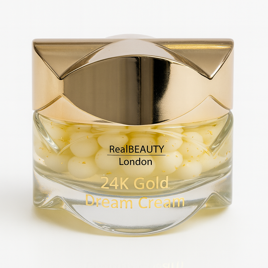 24K Gold Dream Cream jar with gold lid on a white background