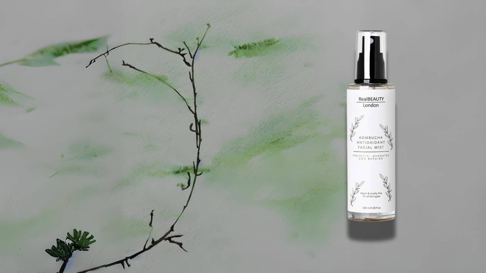 Kombucha Antioxidant Facial Mist on a textured background | Real Beauty London
