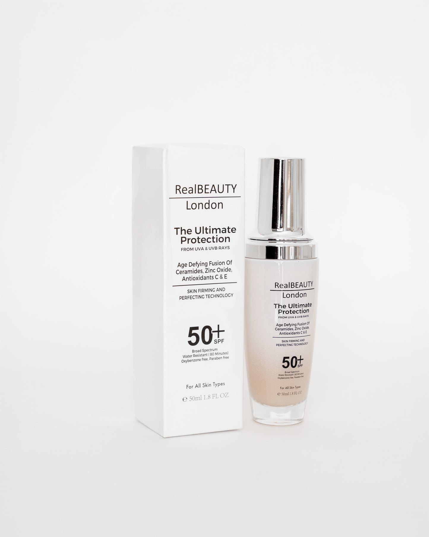 The Ultimate Protection SPF 50 Box and Bottle Side-on | Real Beauty London