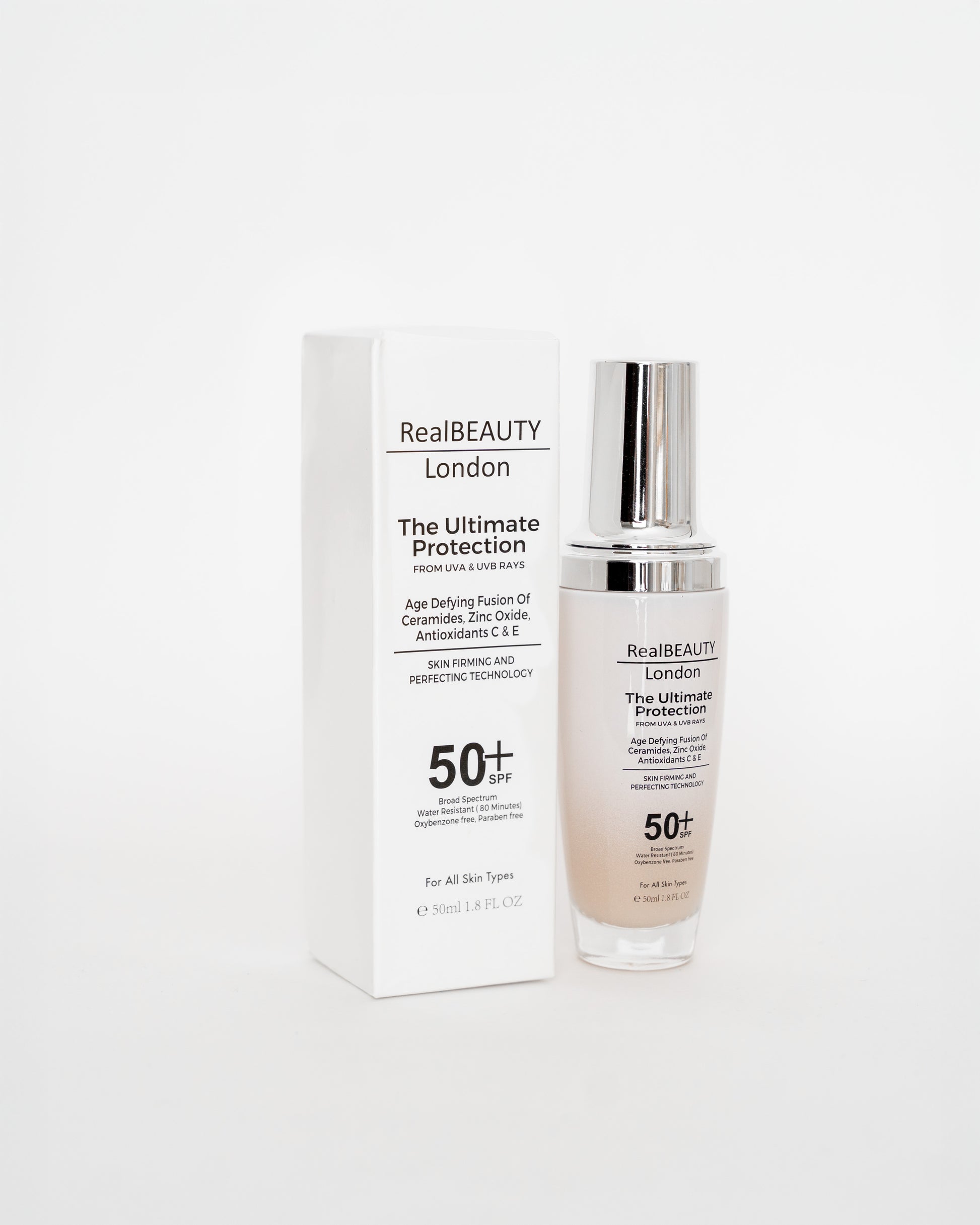 The Ultimate Protection SPF 50 Box and Bottle Side-on | Real Beauty London