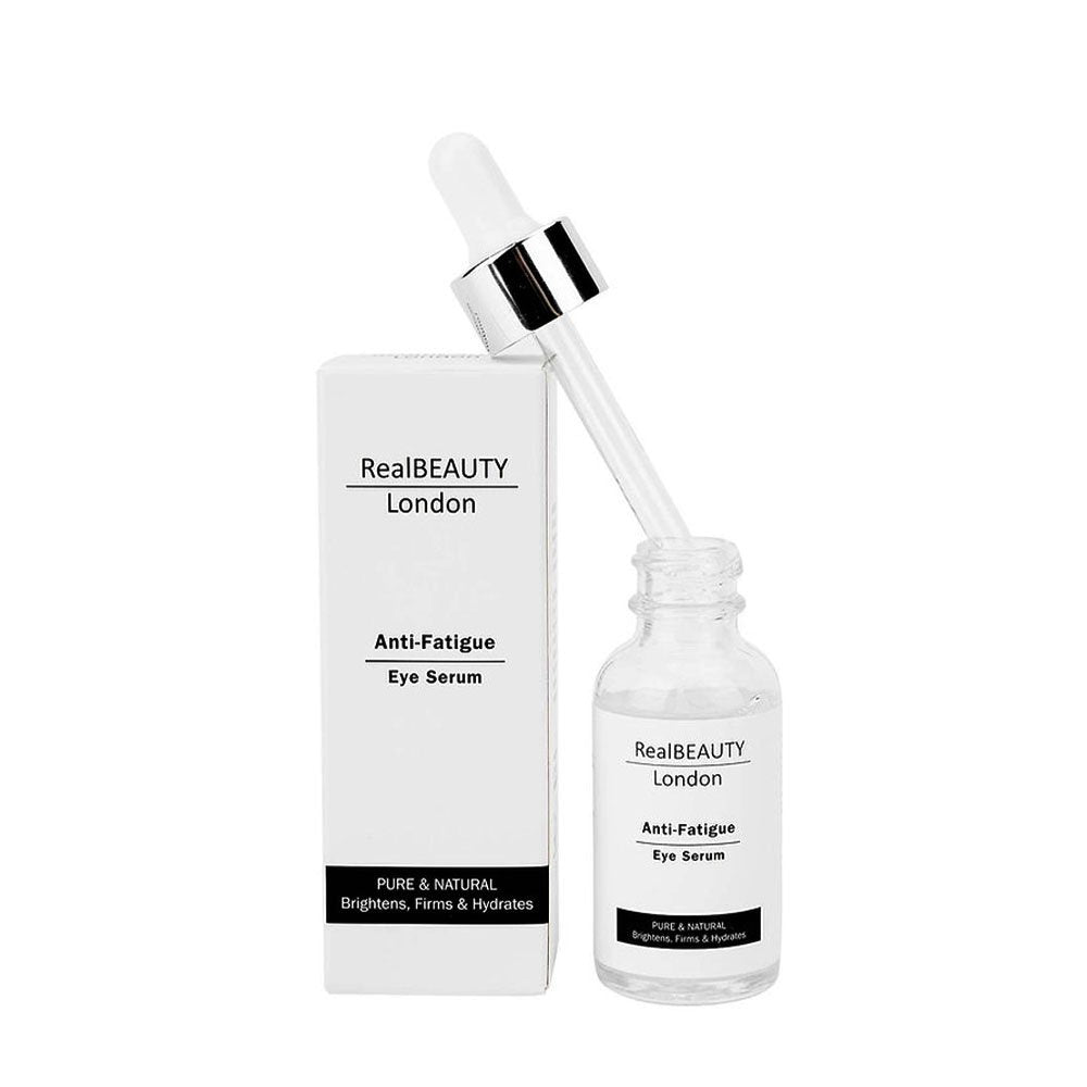 RealBEAUTY London Anti-Fatigue Eye Serum pipette bottle and packaging side by side on a white background