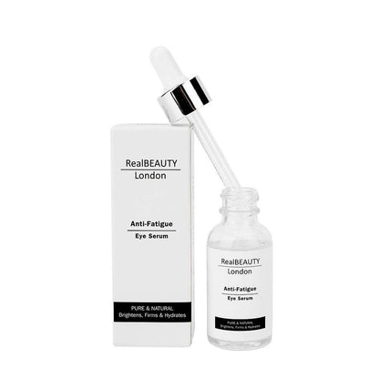 RealBEAUTY London Anti-Fatigue Eye Serum pipette bottle and packaging side by side on a white background